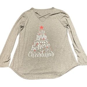 Gray XL Joy Love Peace Believe Christmas criss cross neckline womens shirt